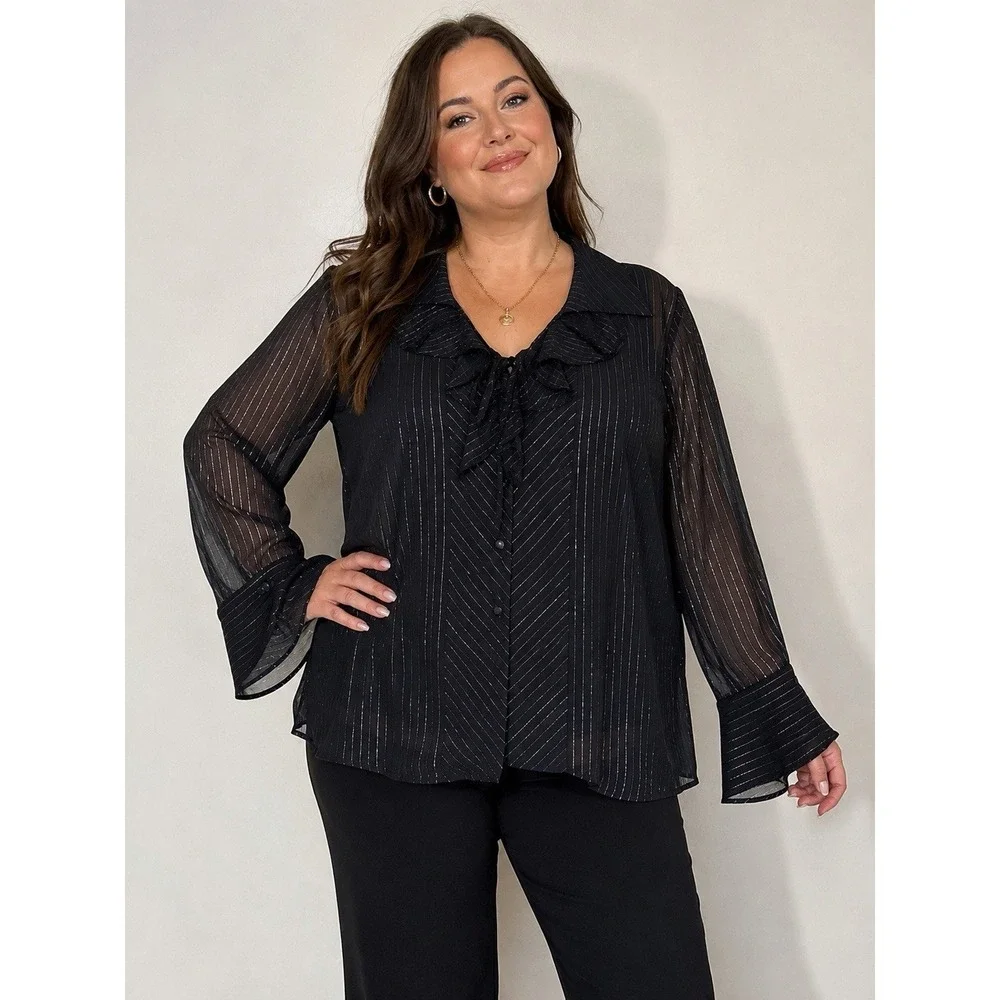 Bob Mackie Studio 3X Black Metallic Stripe Ruffle Tie Neck Sheer Blouse Top‎